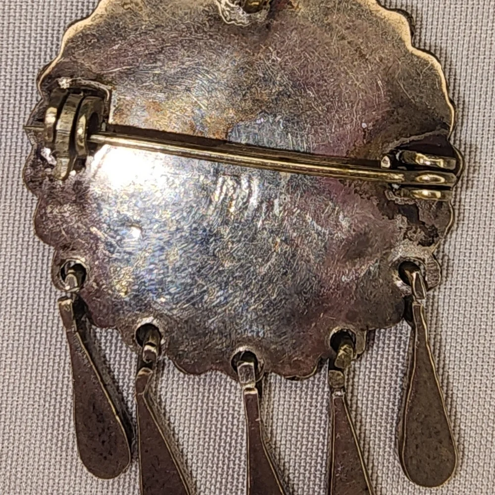VINTAGE MEXICAN STERLING SILVER TURQUOISE INLAID MOSAIC PIN BROOCH/ PENDANT